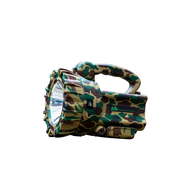 Camo spotlight flashlight with a green and brown camouflage design, showcasing a durable handle and a prominent light source, part of Green Mountain Grills' outdoor accessories.