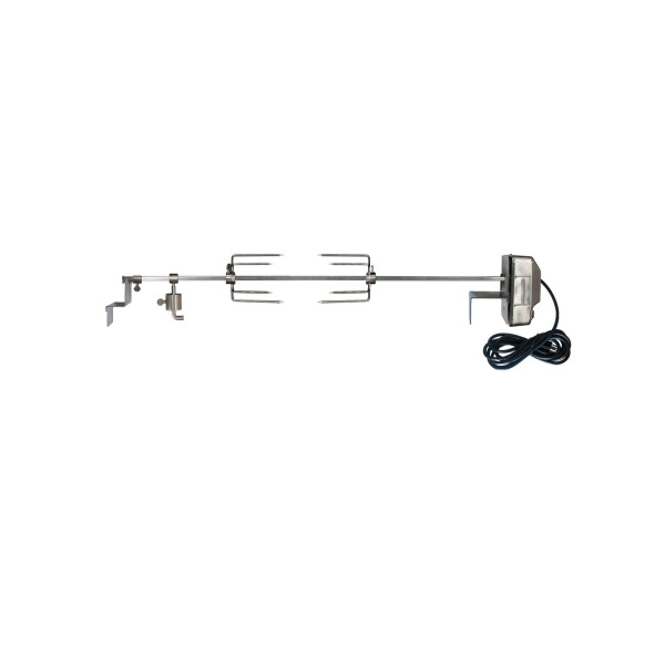 GMG Rotisserie Kit for LEDGE/DBWF Prime+ grilling, featuring stainless steel construction and motorized spit for even cooking.