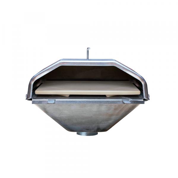 Wood-fired pizza attachment for Green Mountain Grills, featuring a ceramic pizza stone inside a metal housing, designed for enhanced grilling experience.