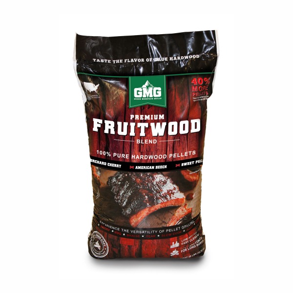 Premium Fruitwood Blend hardwood pellets bag featuring 100% pure hardwood, including orchard cherry, American beech, and sweet pecan, from Green Mountain Grills.