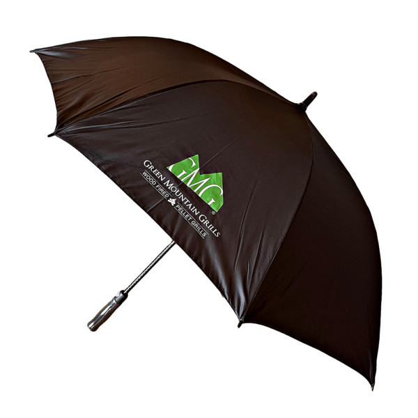 Black umbrella featuring the Green Mountain Grills logo, designed for outdoor grilling protection.