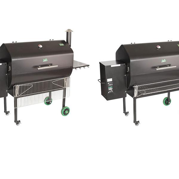 Wood-fired grill with side shelf, digital control panel, and green wheels, showcasing Jim Bowie model by Green Mountain Grills.