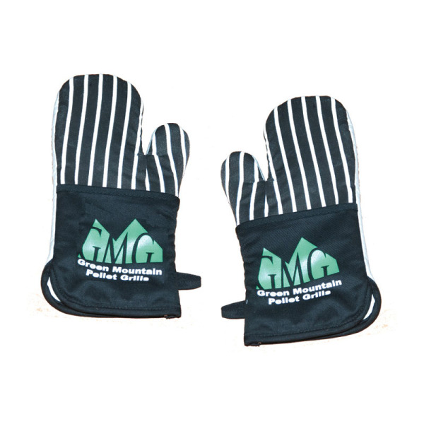 Silicone grill mitts featuring black and white striped design with Green Mountain Grills logo, ideal for safe handling of hot items while grilling.