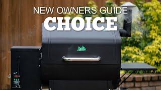 New owners guide for Green Mountain Grills featuring a black pellet grill with smoke rising, emphasizing versatility and choice.