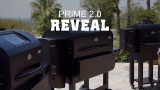 Prime 2.0 reveal featuring multiple Green Mountain Grills pellet grills in an outdoor setting with palm trees.