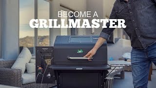Man operating a Green Mountain Grills pellet grill with the text "Become a Grillmaster" prominently displayed, showcasing grilling versatility and outdoor cooking.