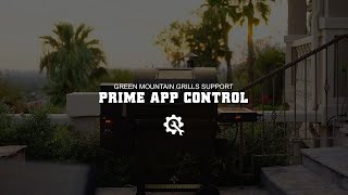 Green Mountain Grills Prime App Control support graphic featuring a pellet grill in a backyard setting, highlighting app connectivity and grilling technology.