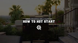 Green Mountain Grills support video on how to hot start a pellet grill, featuring a grill in an outdoor setting with palm trees.