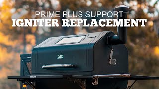 Prime Plus Support for Green Mountain Grills featuring a pellet grill with text overlay "Igniter Replacement."