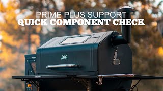 Green Mountain Grills Prime Plus Support quick component check video thumbnail featuring a pellet grill with visible smoke stack and control panel.