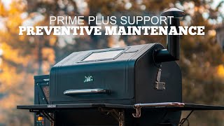 Green Mountain Grills Prime Plus Support preventive maintenance video featuring a pellet grill with smoke stack and control panel in an outdoor setting.