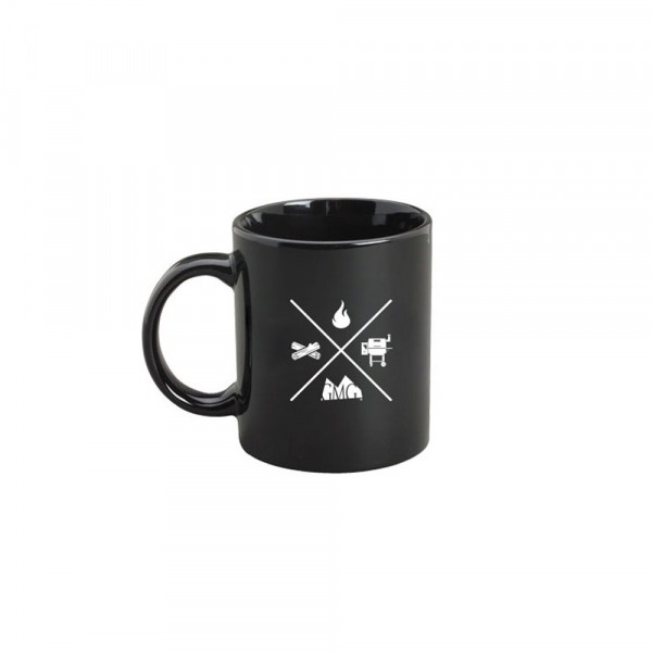 Black coffee mug featuring grilling-themed icons, representing outdoor cooking and grilling experiences, relevant to Green Mountain Grills product offerings.