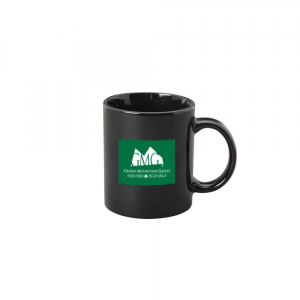 Black coffee mug featuring Green Mountain Grills logo, showcasing brand identity for grilling enthusiasts.
