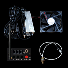 Grill parts and accessories including control panel, fan, and temperature probe for Green Mountain Grills.