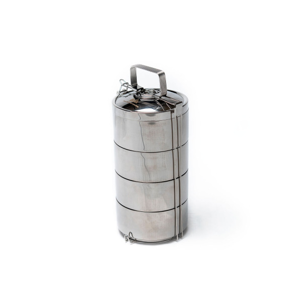 Stacked stainless steel food container with a handle, designed for grilling and outdoor cooking.
