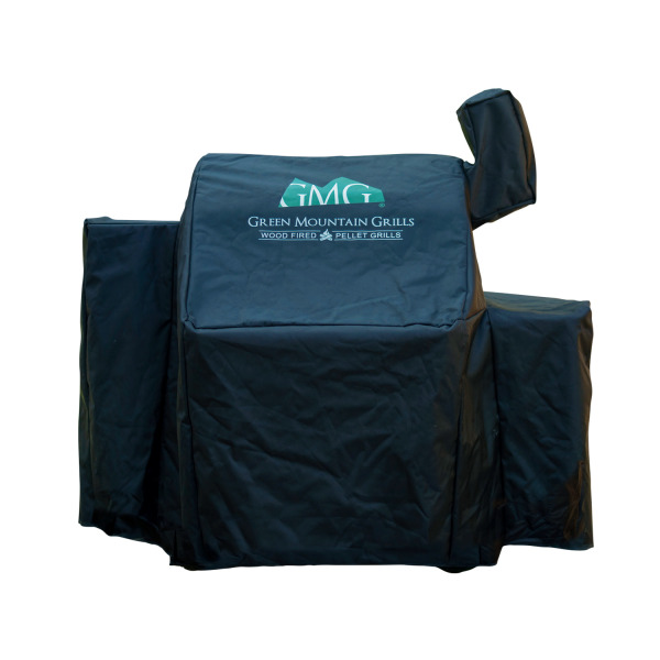 Black grill cover with Green Mountain Grills logo, designed for protection of wood-fired pellet grills.
