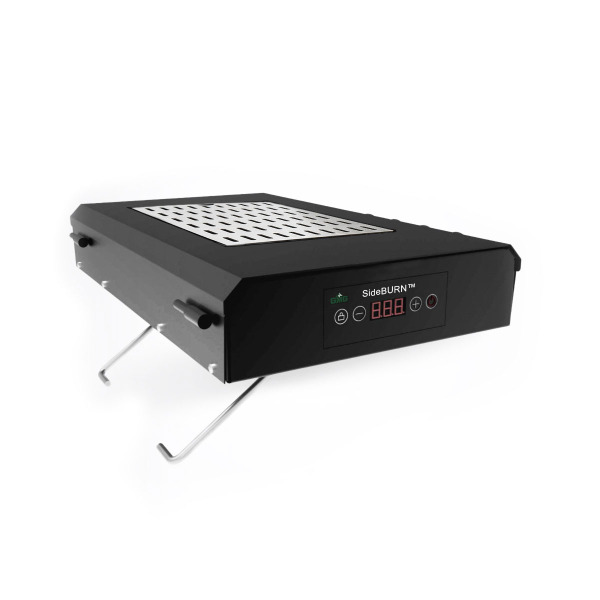 SideBURN™ grill accessory with digital display, designed for Ledge and Peak models, featuring a sleek black design and perforated cooking surface.