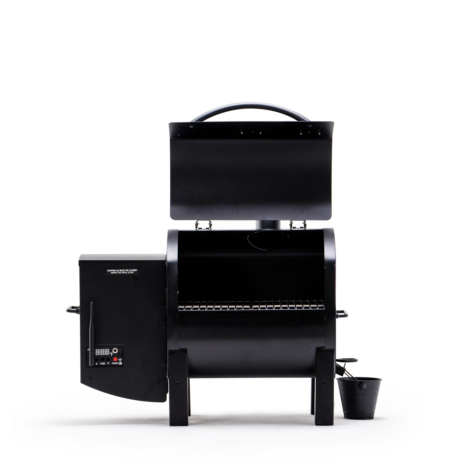 WiFi smart-controlled TREK PRIME 2.0 grill in black, featuring digital display and side bucket, designed for outdoor cooking by Green Mountain Grills.